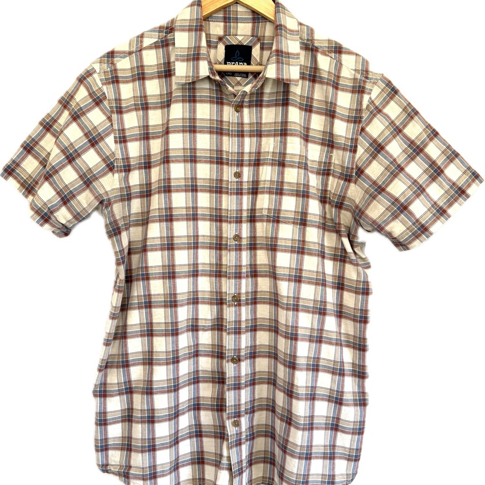 Prana Bryner Casual Button Down Shirt Brown Plaid Lightweight EUC